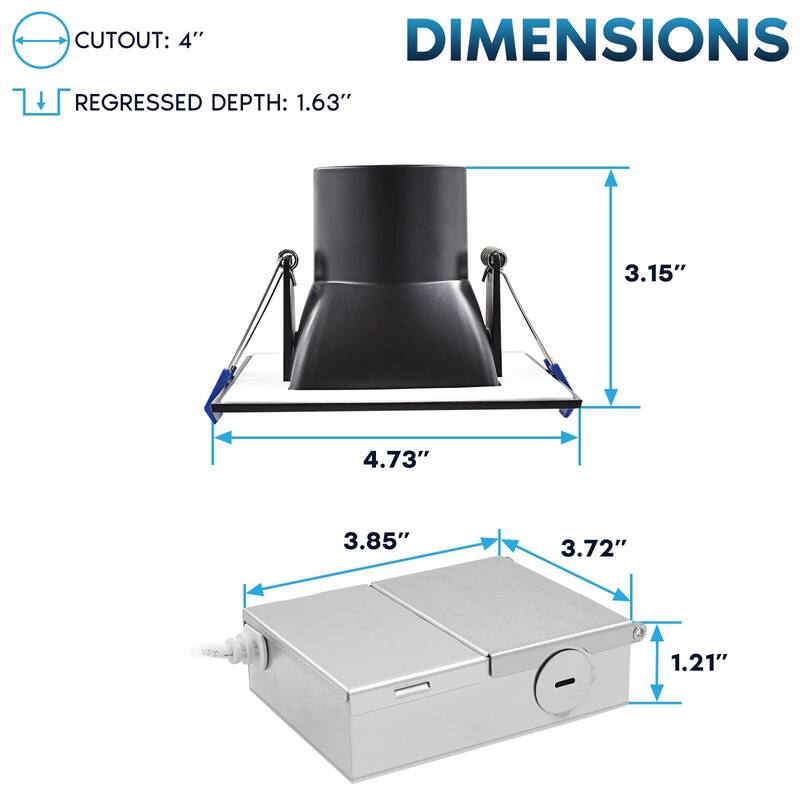 Luxrite 4 in. Square LED Recessed Ceiling Light J-Box 12W 5CCT 840 Lumens Wet Rated Black Trim 4 Pack
