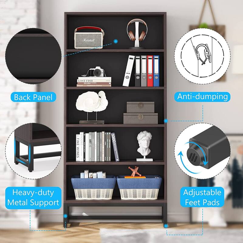 70.8" Tall Bookcase and Bookshelf 5-Tier Storage Shelves Free-Standing