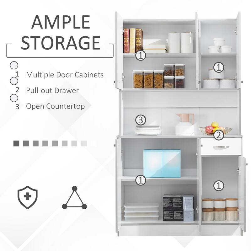 HOMCOM 71" Freestanding Kitchen Buffet Hutch Cupboard with 6 Doors, 3 Adjustable Shelves, and 1 Drawer, White