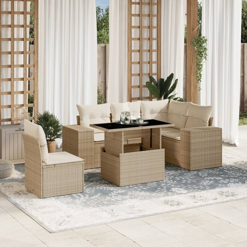 vidaXL Patio Sofa Set with Cushions Outdoor Furniture 6 Piece Poly Rattan - 21.7 x 39.4 x 28.7 - Beige and Cream