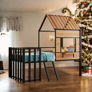 House-shaped Design Metal Twin size Loft Bed with Roof, Window, Guardrail and Ladder, Safety & Fun, Maximized Space, Black