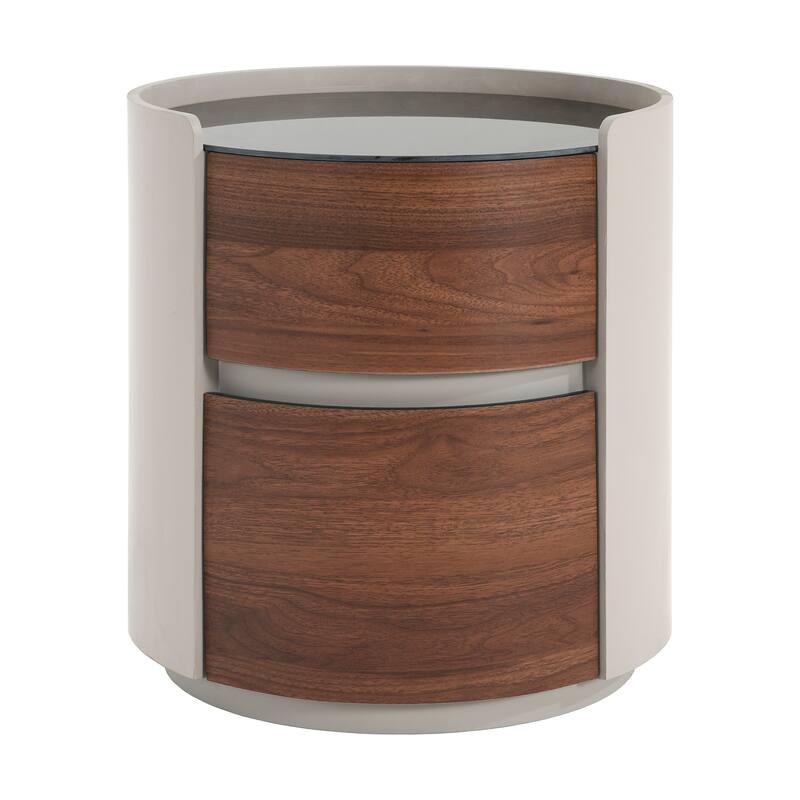 Roomfitters Round Side Table with Curved Wood Drawers and Glossy Glass Top, Modern Storage Accent Table, Beige+Walnut
