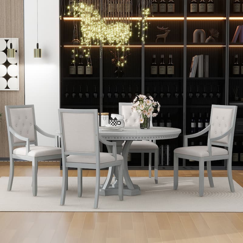 Retro Dining Table and Chairs 5-piece Set, Retractable Round Table with 4 upholstered Chairs, Kitchen Dining Room Coffee Table