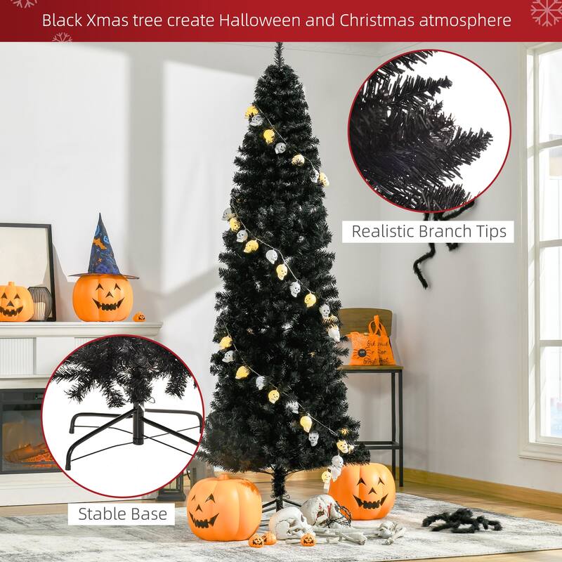 HOMCOM 6/7FT Black Christmas Tree with Stand, Xmas Slim Artificial Christmas Tree Small, Black Christmas Decorations