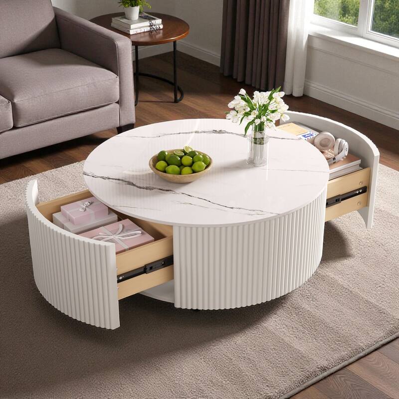 29.5'' Modern Round Movable Coffee Table with 2 Drawers, Sintered Stone Marble Top & Casters for Living Room