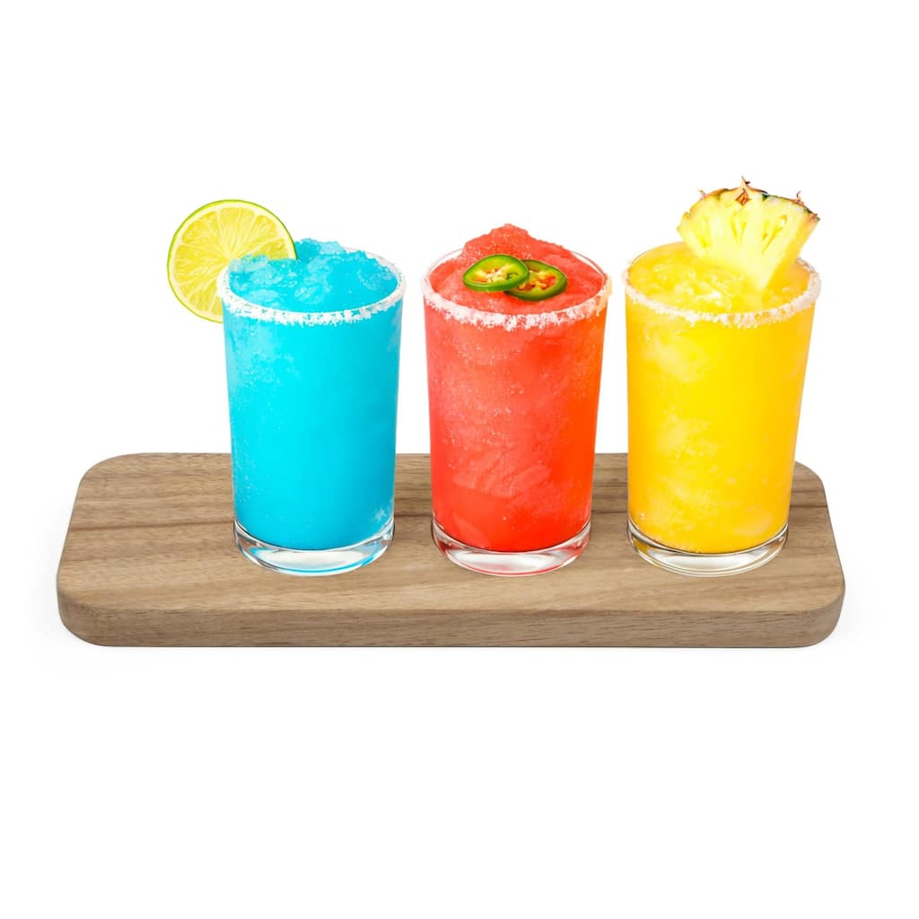 Final Touch Margarita Wooden Cocktail Flight Set with Tray and 3 Glasses - 4.6" H x 10.2" L x 3.4" W