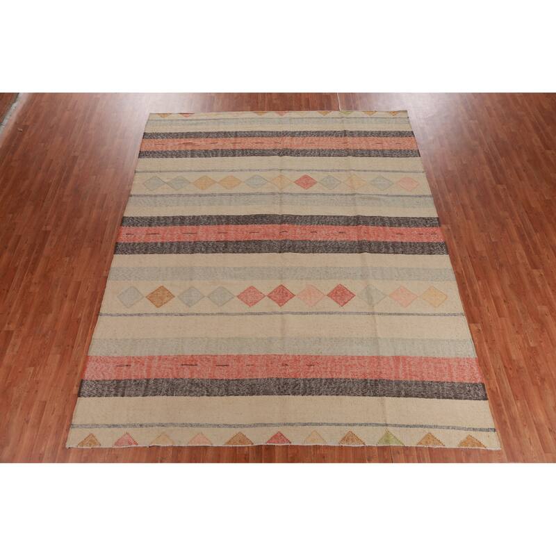 Hand Woven Oriental 100% Jute Carpet Southwestern Modern Beige & Ivories Kilim Area Rug - 11' 7'' X 9' 5''