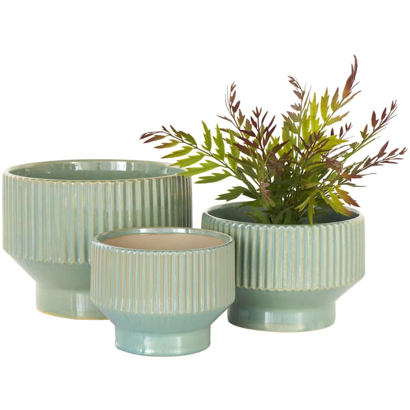 Ceramic Wide Indoor Outdoor Planter with Linear Grooves and Tapered Bases - Set of 3 Green, White, Cream - Roche River Decor