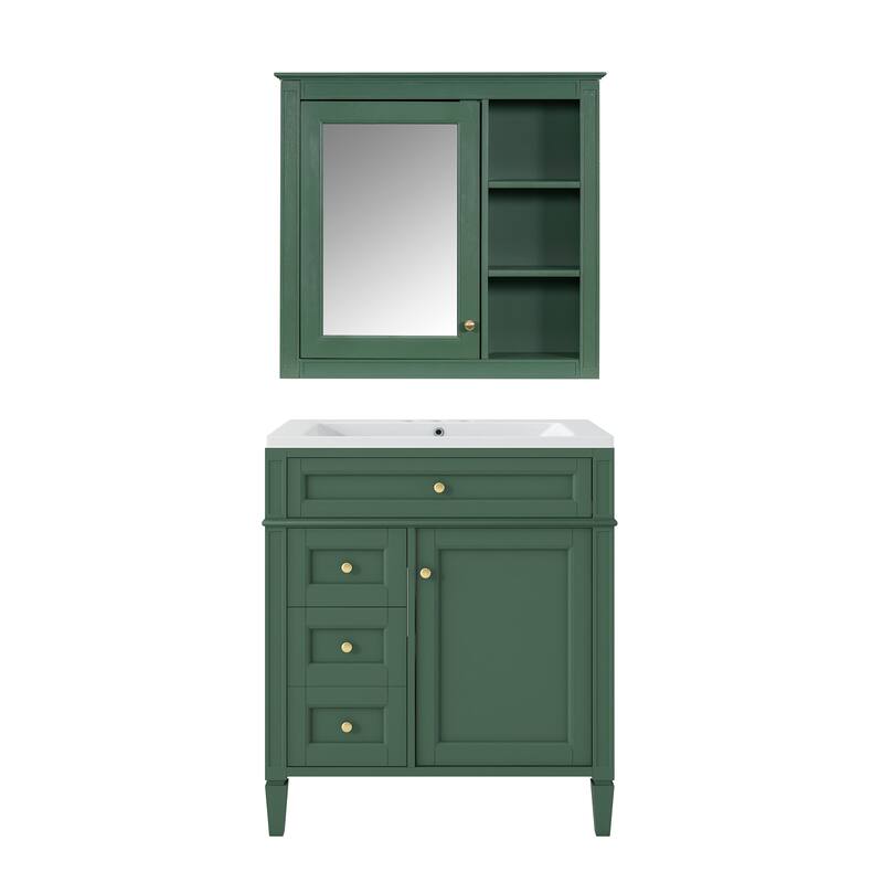 GDFStudio - Ravensden Modern Freestanding Bathroom Vanity Set with Ceramic Sink and Mirror Cabinet with a Tip-out Drawer - 30'W