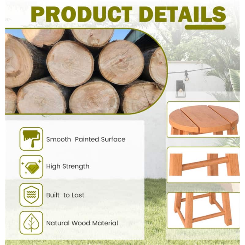 18-Inch Set of 2 Natural Eucalyptus Wood Bar Stools for Outdoor Seating for Balcony - 11.5" x 11.5" x 18" (L x W x H)