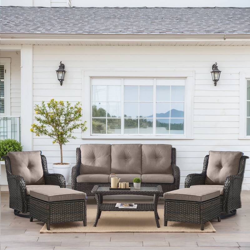 Outdoor Swivel Chairs with Sofa Ottoman Table - Brown - Grey