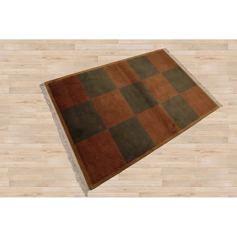 Hand Knotted Tibetan Brown Geometric Wool Modern Oriental Area Rug - 4' 1'' x 6'