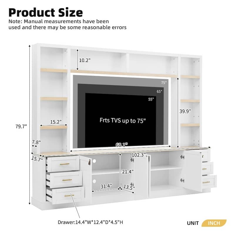 102.3" Farmhouse 4-Piece Entertainment Center Wall Unit with Adjustable Shelves,6 Drawers