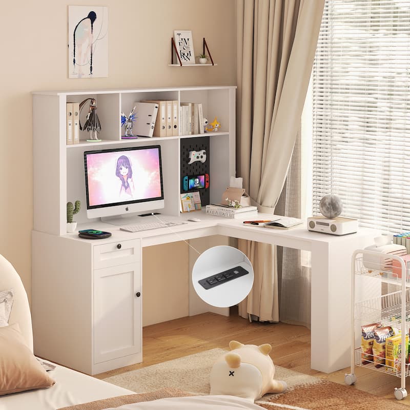 Anmytek White L Shaped Computer Desk with Hutch Storage Corner Workstation for Home Office - White