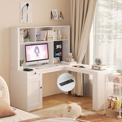 Modern Corner L Shaped Desk with Bookshelf & Hutch, Outlet, Drawers, Study Table Writing Desk with Storage