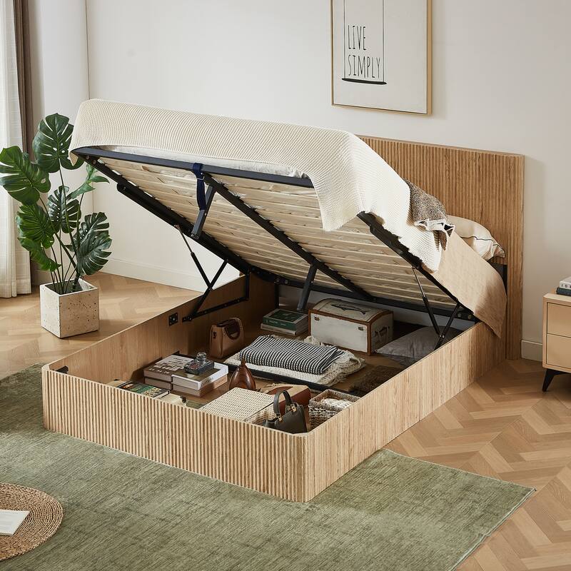 Queen Size Lift Up Storage Bed Frame, Wooden Corrugated Curved Lines, Hydraulic Storage/No Box Spring Needed