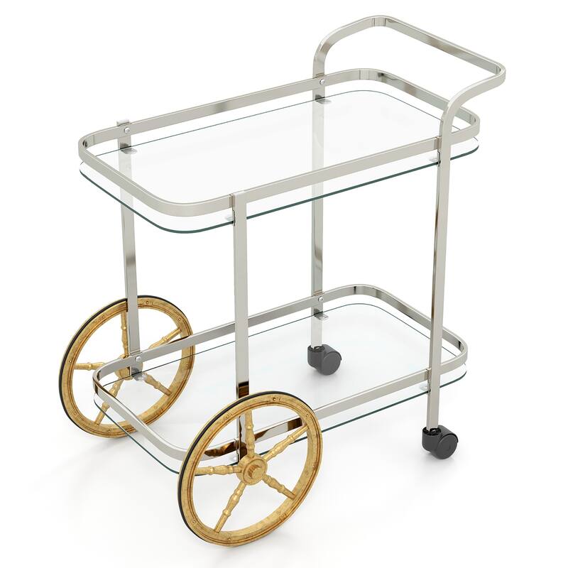 Gymax 2-Tier Serving Cart w/ Tempered Glass Shelves 2 Large Aluminum