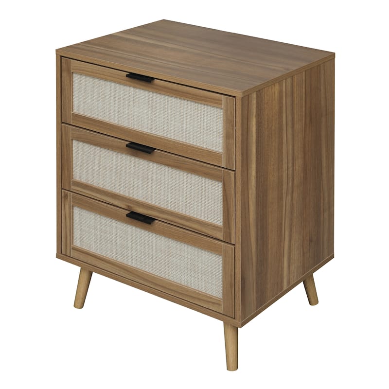 Rattan Nightstand with Solid Wood Legs, Living Room End Table with 3 Storage Drawer, Couch Side Table with Wooden Tabletop