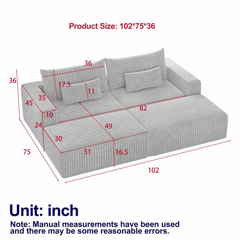 102" Corduroy Cloud Lounge Sectional with 2 Removable Footstools, No-Assembly Plush Chaise & Backrest Support