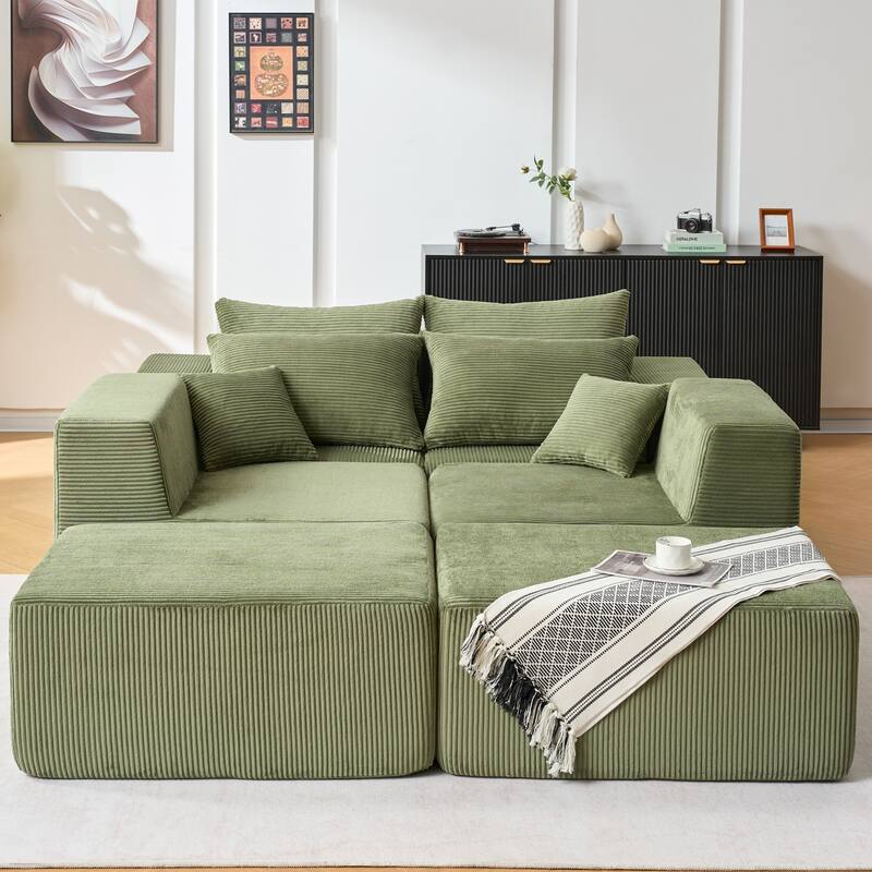 6-Piece Modular Sectional Sofa Set for Living Room, U-Shaped Corduroy Sectional Sofa with Ottomans, Green