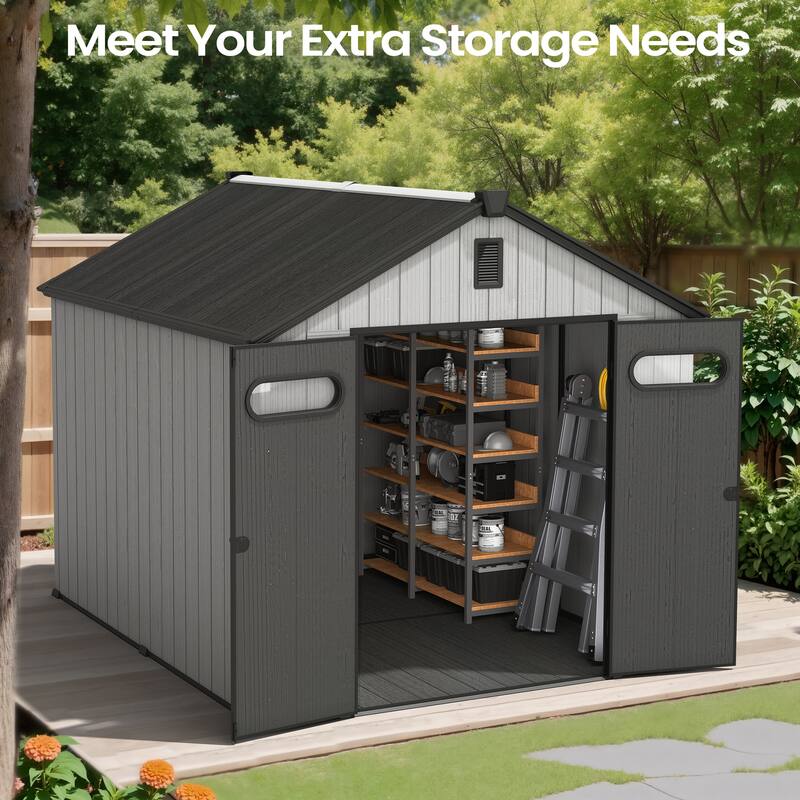 8X10 FT All-Weather Waterproof Plastc Outdoor Resin Storage Shed Windows Lockable Door with Floor for Patio Furniture and Tools