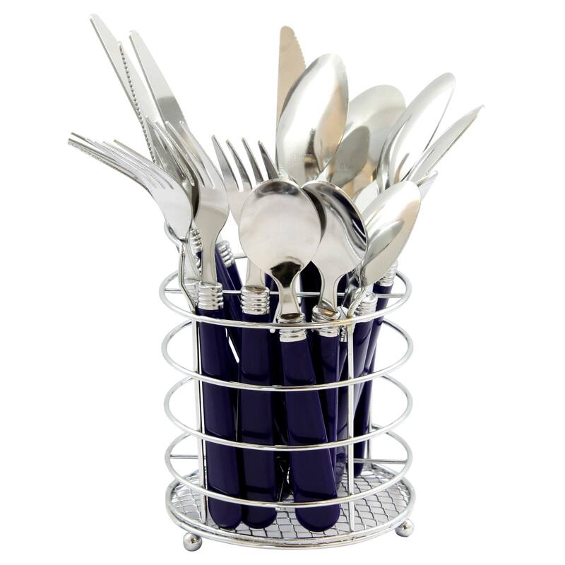 16 Piece Stainless Steel Silverware Set with Navy Handles and Silver Organizer