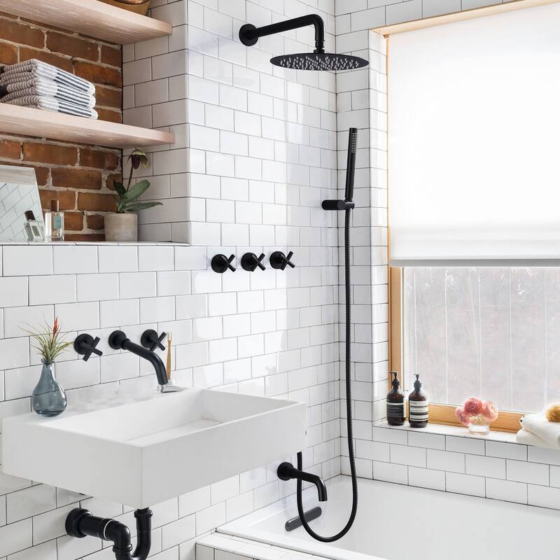 10" Solid Brass Wall Mounted Shower System with Tub Spout and 3-Cross Handles