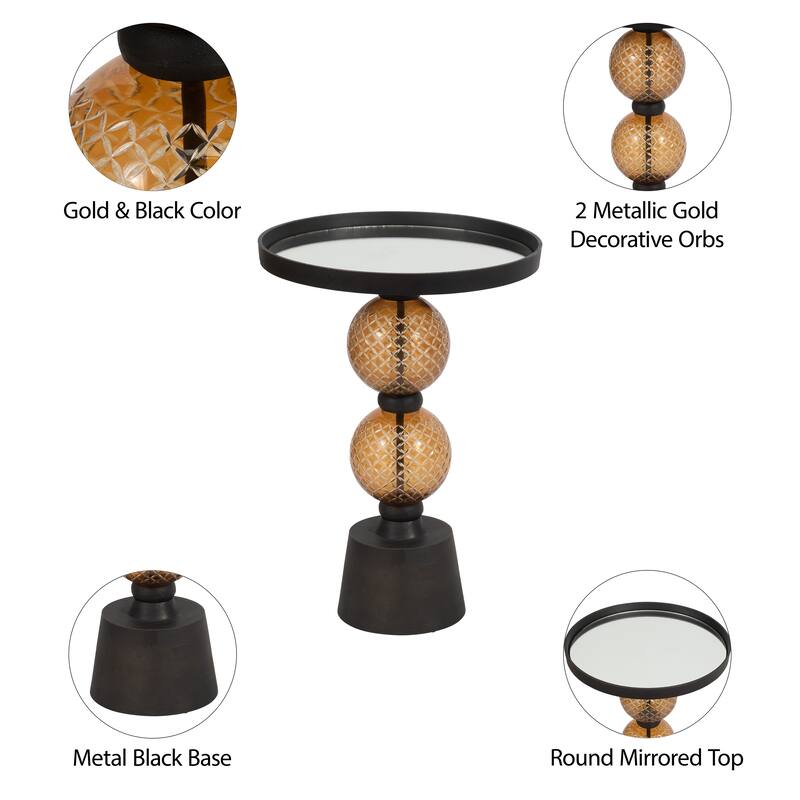 Sagebrook Home Modern Mirrored Top Side Table with Metal Base Contemporary Black and Gold Orb Accent Table