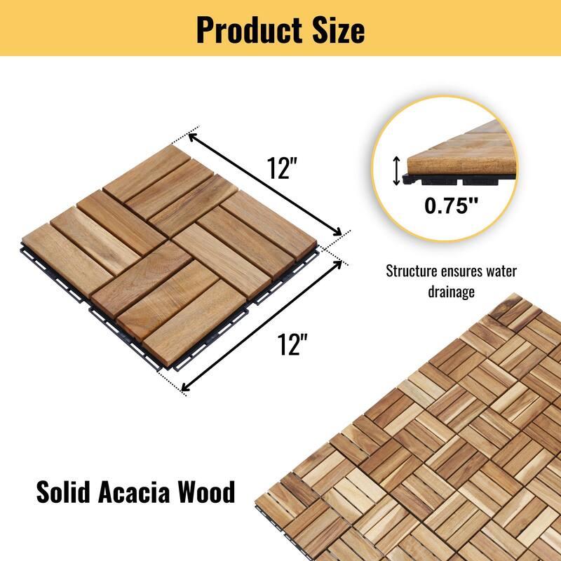 30 PCS Interlocking Deck Tiles Checker Pattern, 12" x 12" Square Acacia Hardwood Outdoor Flooring for Patio,Bancony,Pool Side