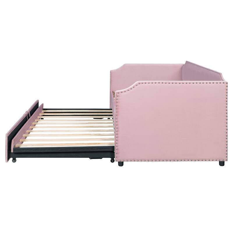 Twin Size Velvet Upholstered Daybed with Pop Up Trundle Pink