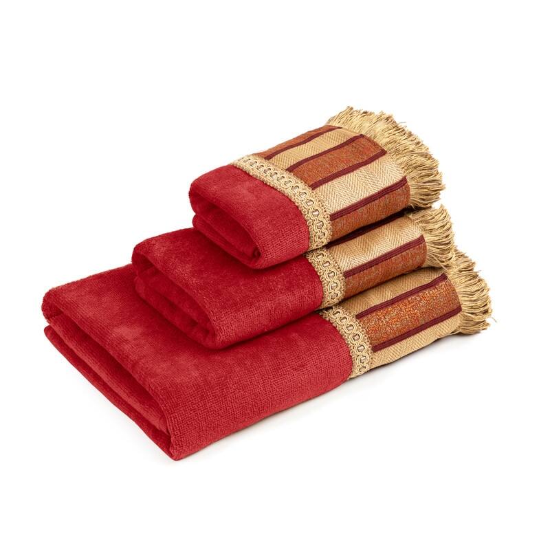 Sherry Kline Queue Coral 3-piece Decorative Towel Set, Jacquard Fabric Band, brush fringe trim 1 Bath Hand & Tip Towel