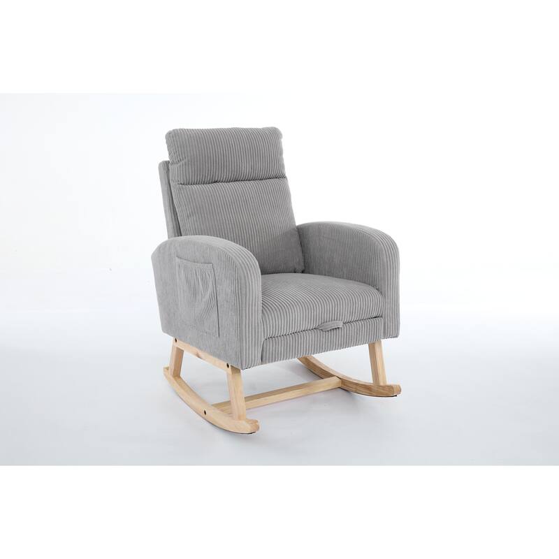 Rocking Chair with Wood Legs, Upholstered Nursery Glider Rocker, Comfy Armchair with Side Pocket, Living Room Lounge Arm Chair