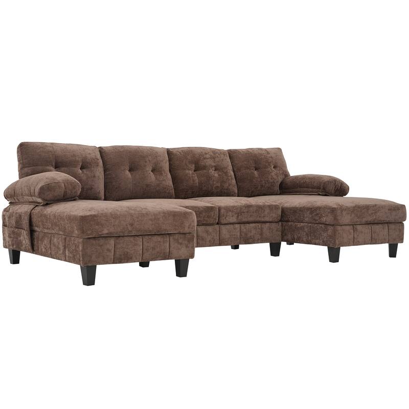 U-Shaped Modular Sectional Sofa with Dual Chaise Lounges, Chenille Fabric Cloud Couch with Storage Pockets & Armrest Pillows