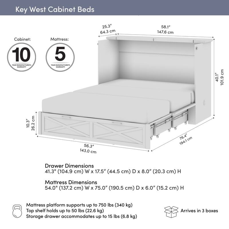 Bestar Key West 59W Full Murphy Cabinet Bed with Drawer and Mattress
