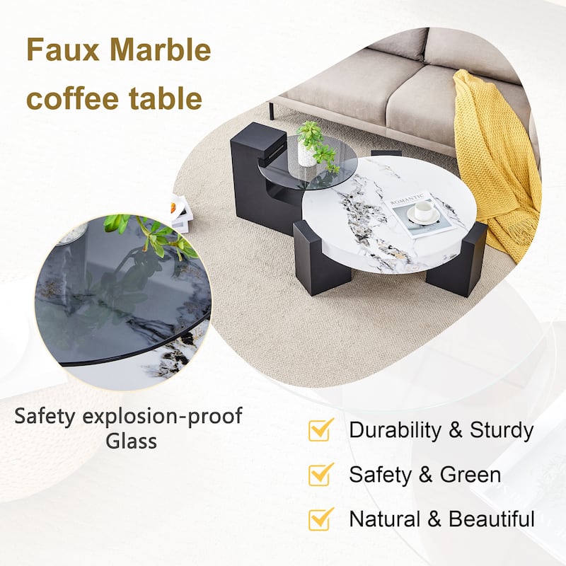 Modern Round Coffee Table with MDF L-Shaped Legs and Double-Layer Design for Living Room