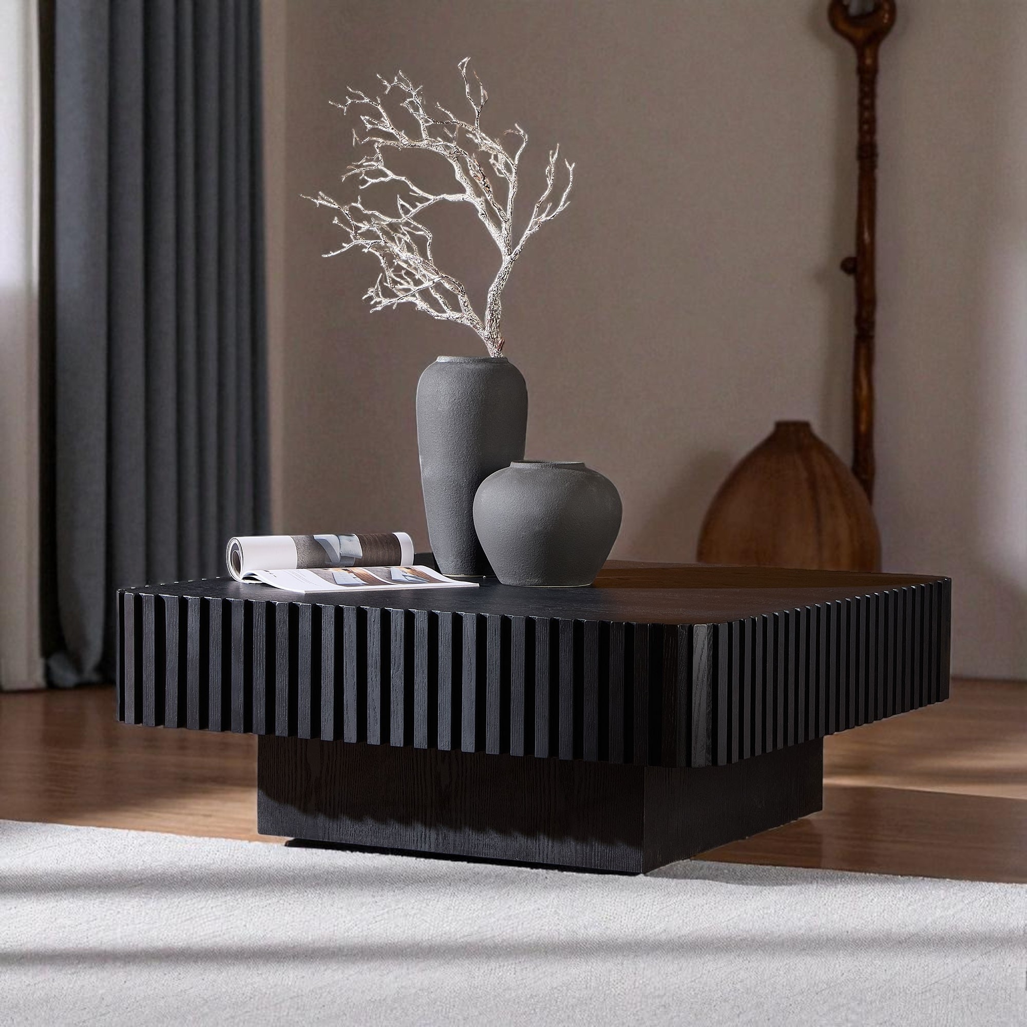 Square Drum Coffee Table with Wood Veneer Surface and Pedestal Base, 35.43" Wooden Coffee Table for Living Room - MDF