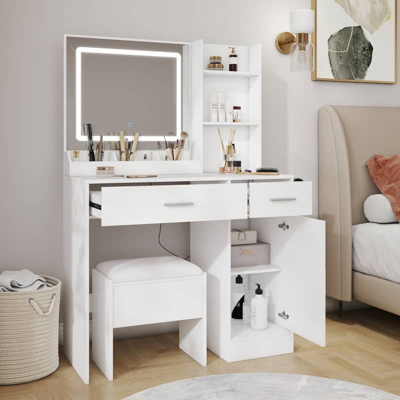Makeup Vanity Set, Vanity Desk with Stool, LED Light Mirror and Charging Station
