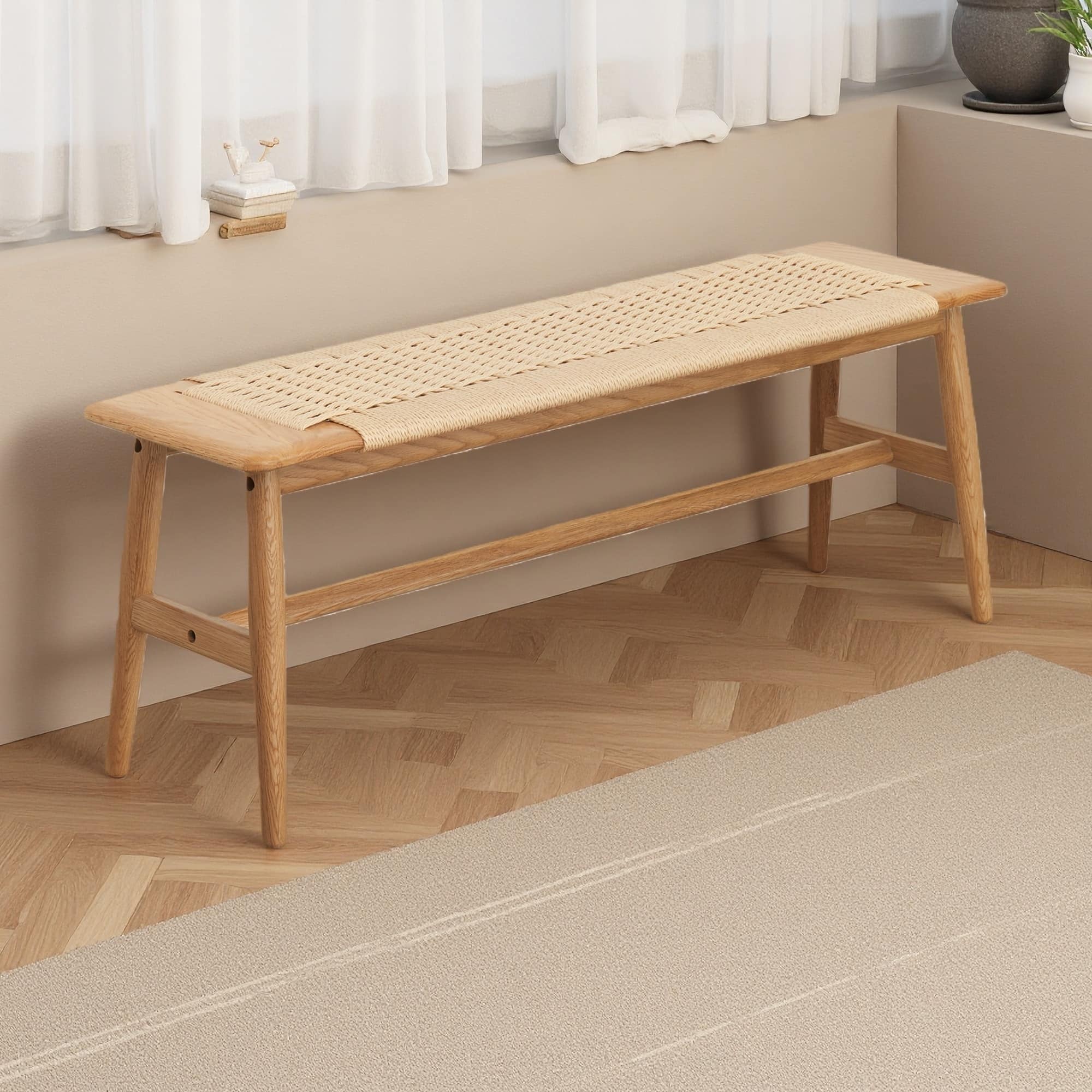 47"L Oak Wood Dining Bench with Woven Cane Seat Solid Wood, Comfortable and Versatile, Stylish Bench for Dining Room, Bedroom