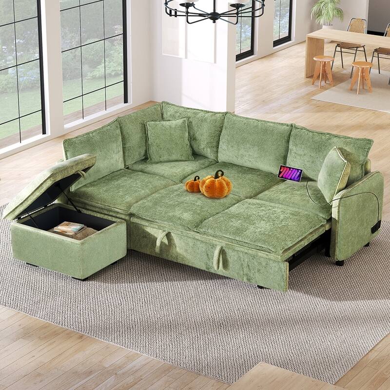 82.67" L-Shape Sleeper Sectional Sofa with Storage Ottoman,Pillows,USB - Green