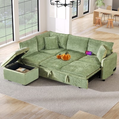 82.67" L-Shape Sleeper Sectional Sofa with Storage Ottoman,Pillows,USB