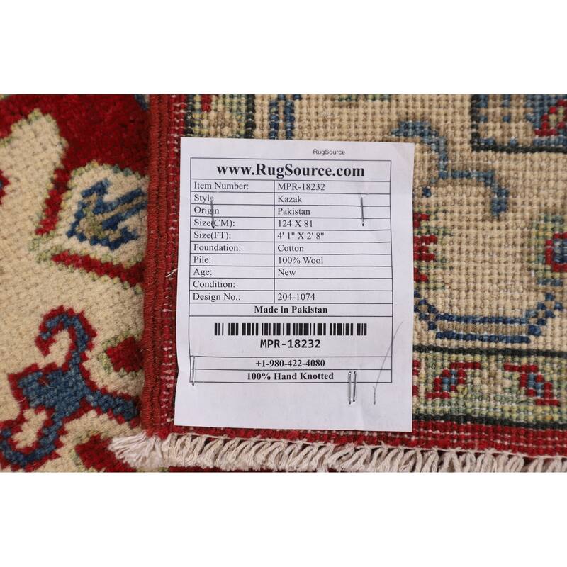 Geometric Red Kazak Rug Handmade Wool Carpet - 2'8" x 4'1"