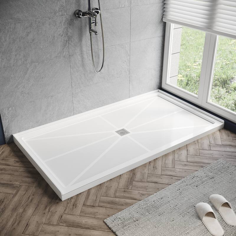 Elegant Rectangular Shower Base in White Center Drain Single Threshold Anti-slip SMC Shower Pan - 48'' x 36'' - White