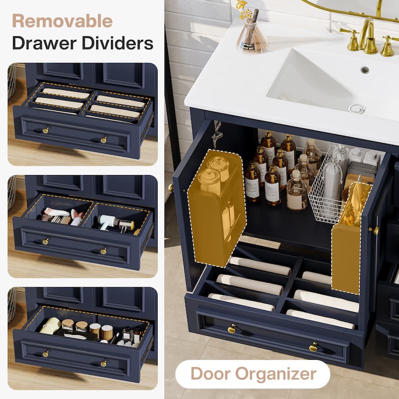 Bathroom Vanity with Sink, Solid Wood Frame Freestanding Vanity with Door Organizer and Drawer