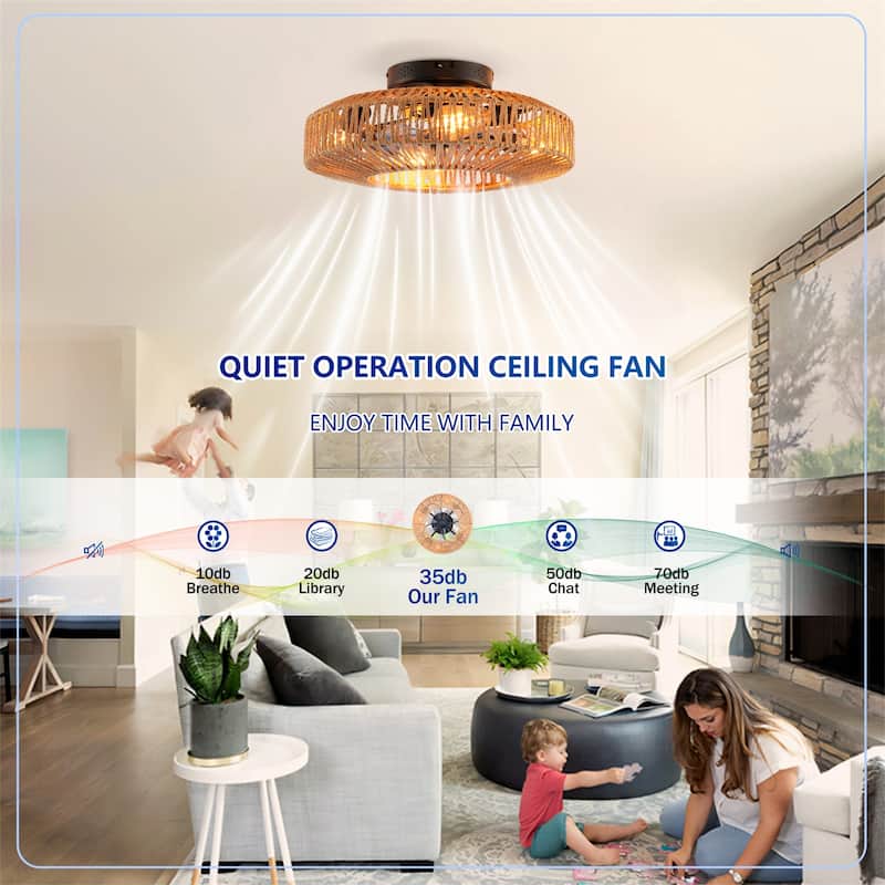 20" Rope Caged Ceiling Fans with Remote and Low Profile Chandelier 6 Speed, NOT Included Bulbs
