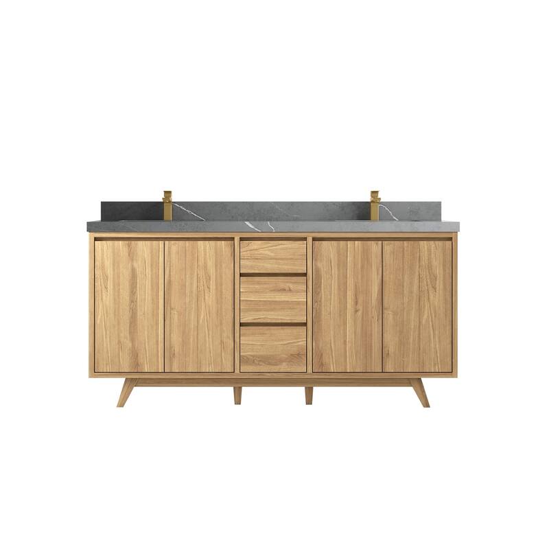 Willow Collections 72 in. W x 22 in. D s Madison Teak Double Sink Bathroom Vanity with Countertop - 2" Piatra Gray - Light Natural Teak