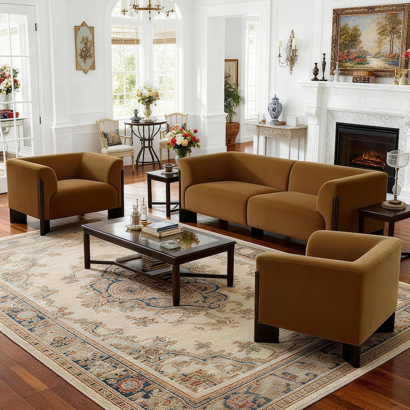 3-Piece Modern Loveseat Sofa Set with Armchair for Living Room - Orange/ Velvet