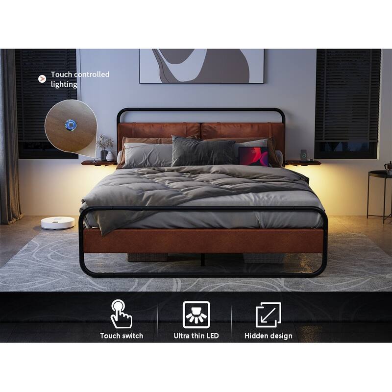 King Size Modern Metal Platform Bed with Upholstered Headboard and wireless charging