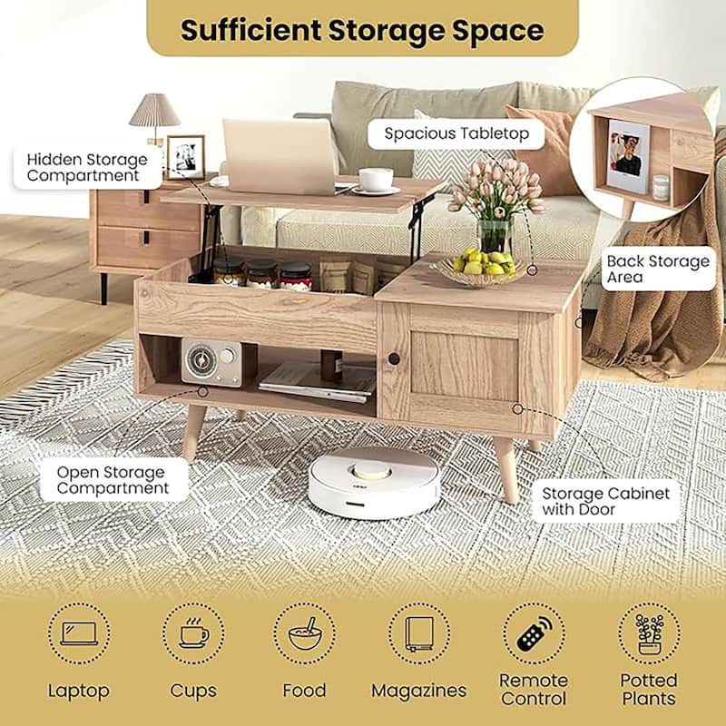 Lift Top Coffee Table Storage w/ Hidden Compartment Cabinet Open Shelf