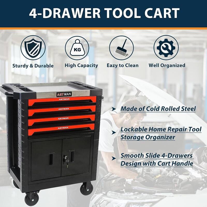 4 Drawers Rolling Tool Cart Chest with Lockable Garage Storage Cabinet