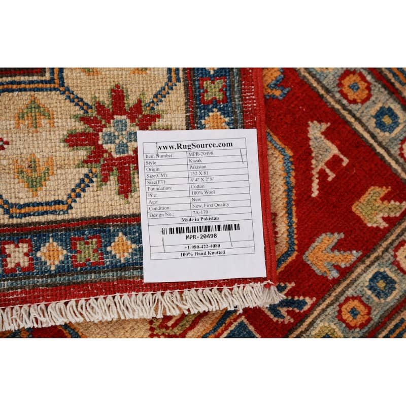 Traditional Kazak Accent Rug Hand-Knotted Geometric Red Wool Carpet - 2'8"x 4'4"